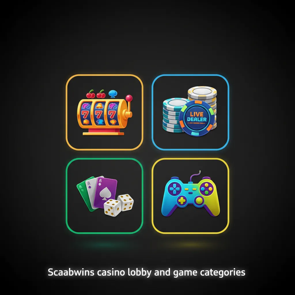 Scarabwins casino lobby with game tiles and filters for Slots, Megaways, Jackpots, Roulette, Blackjack, Crash, Instant