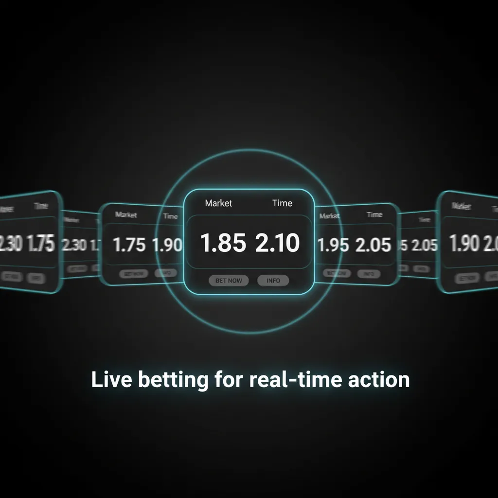 Live betting screen with in-play odds, rapid updates, cash-out options, and match trackers for football, tennis, basketball.