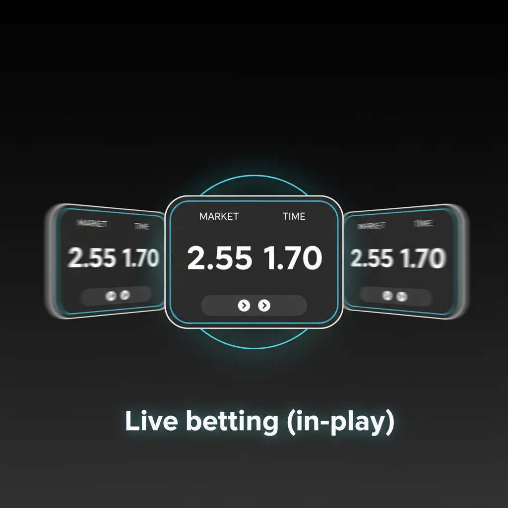 In‑play betting interface showing dynamic odds for football, tennis, basketball, with live data, cash out and quick stakes.