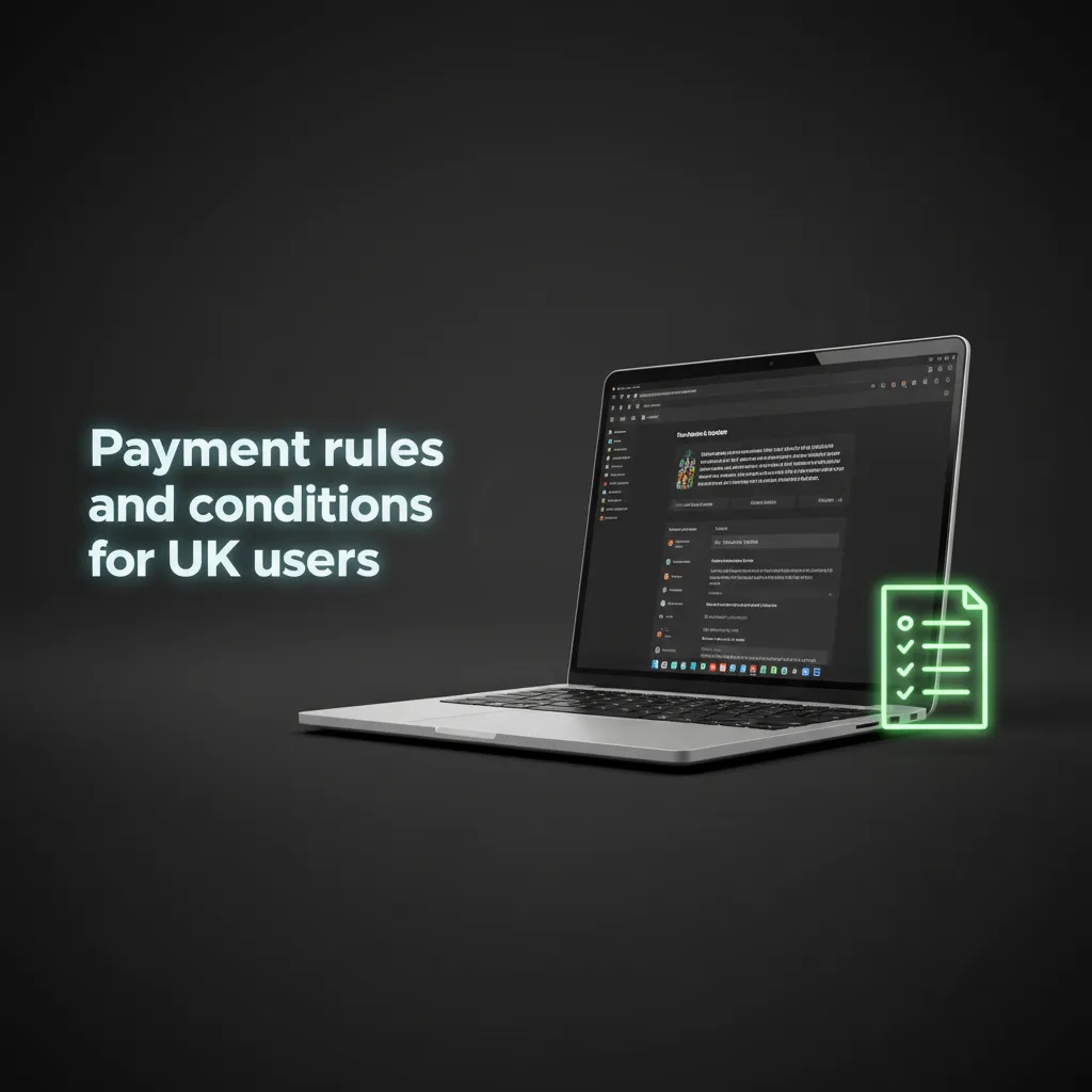 UK payment rules: KYC; withdraw to same method; own cards only; £10 deposit, £20 withdrawal; ~24h processing.